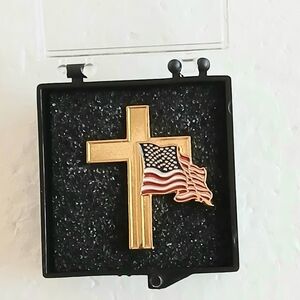 Gold Cross with American Flag Lapel Pin